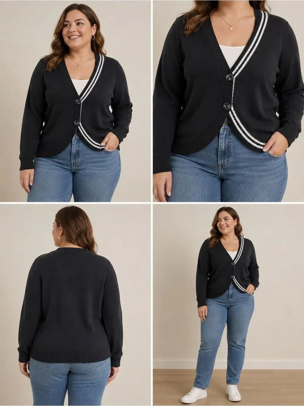 Ulla Popken Women’s Cotton Blend Black White Trim Cardigan 2 Buttons Size 16/18